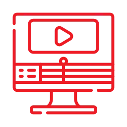 a red neon sign with a screen and a play button